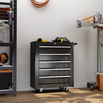 HOMCOM 5-Drawer Tool Chest Steel Lockable Black with Wheels