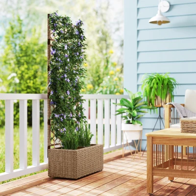 Outsunny Jardinera Exterior Grande de Ratán con Enrejado y 2 Macetas Extraíbles para Plantas Trepadoras 57x30x150 cm Natural