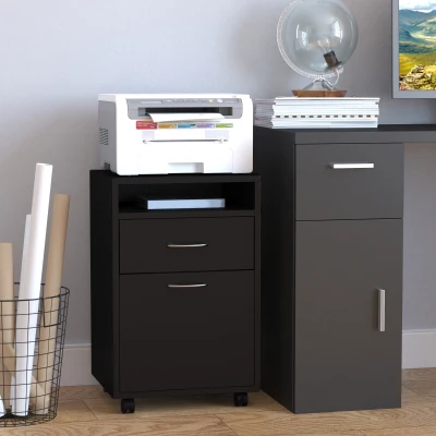 HOMCOM Bloco de Gavetas de Escritório com Armário e Gaveta Móvel Arquivador com Rodas Suporte para Impressora 40x35x60 cm Preto