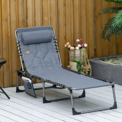 Outsunny Sonnenliege, Faltbare Gartenliege, Klappliege mit Kissen, 5-stufige Rückenlehne, Oxfordstoff, 188 x 57 x 30 cm, Grau