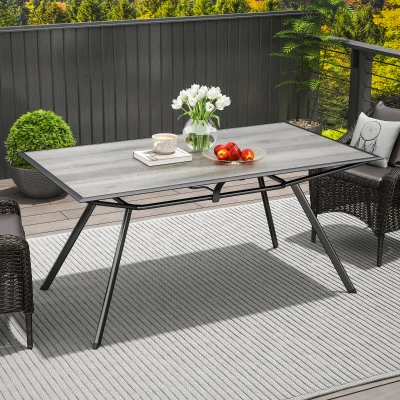 Outsunny Mesa de Refeição Exterior com Bancada Imitação Madeira e Estrutura de Aço Mesa Retangular para 6 Pessoas 160x90x73 cm Cinza