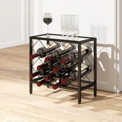 HOMCOM Suporte para Garrafas de Vinho para 10 Garrafas Suporte com Bancada de Vidro Temperado e Estrutura de Aço 41x22x41 cm Preto