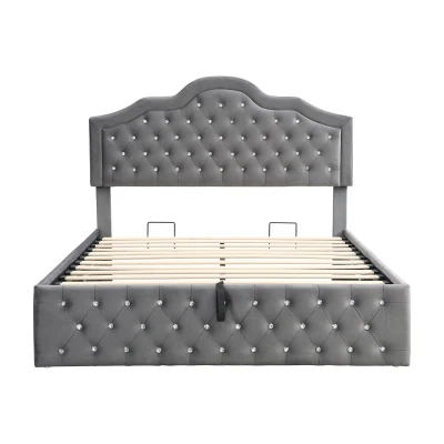 Upholstered Double Bed with Hydraulic Lift Storage, Gray