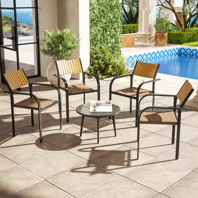 Outsunny Conjunto de 4 Cadeiras de Jardim Empilháveis Cadeiras de Jantar com Tecido Transpirável Apoios de Braço 58x65x85 cm Marrom