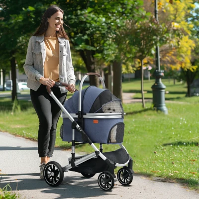 PawHut Hundewagen 3 in 1 Hundebuggy klappbar für Katzen bis 10 kg Katzenbuggy mit Kissen Becherhalter Dunkelblau