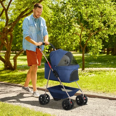 PawHut Carrinho para Cães Dobrável 3 em 1 Carrinho para Cães Miniatura com Cesta de Armazenamento Janela de Malha 76x50x102 cm Azul Escuro