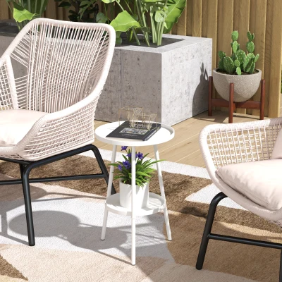 Outsunny Mesa de Jardim Redonda de 2 Níveis Mesa de Exterior Ø32x51 cm com Bandeja Inferior e Estrutura de Metal Branco