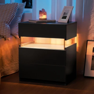 LED Nightstand with 3 Drawers, Black
