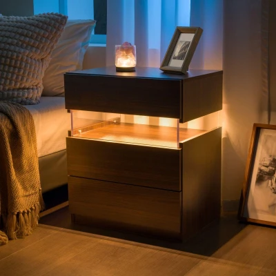 LED Nightstand with Acrylic Board and 3 Drawers, Walnut