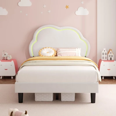 3ft Single Upholstered Bed with Adjustable Cloud Headboard, White