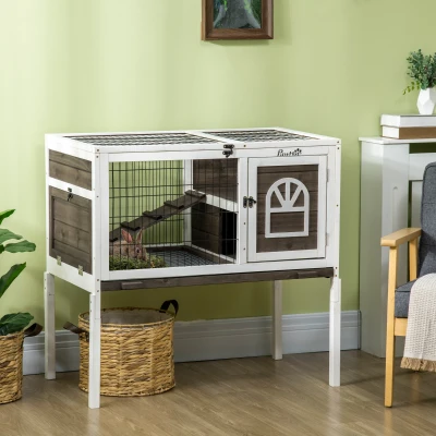 PawHut Coelheira de Madeira Elevada com Zona Aberta Teto Rebatível Portas com Fecho Bandeja Removível 90x53x87 cm Marrom e Branco