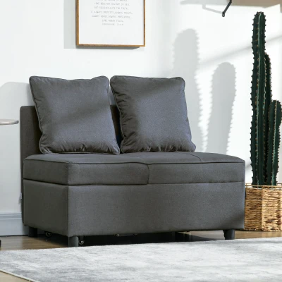 HOMCOM Sofá Cama 3 em 1 Sofá de 2 Lugares com Encosto Ajustável Sofá Cama Individual com Almofadas 65x98x69 cm Cinzento