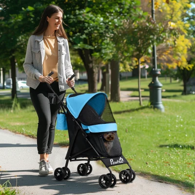 PawHut Cochecito para Perros Pequeños con Estructura de Paraguas con Cojín Lavable Portavaso Ventanas de Malla y Bolsa Azul
