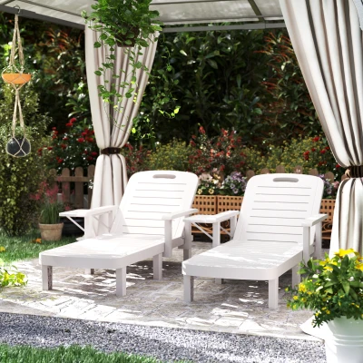 Outsunny Set of 2 Reclining Sun Loungers with Table White