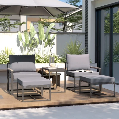 Outsunny Stahl Gartenmöbel Set 2 Personen wetterfest Balkonmöbel-Set mit 2 Sessel Sitzkissen Beistelltisch Grau