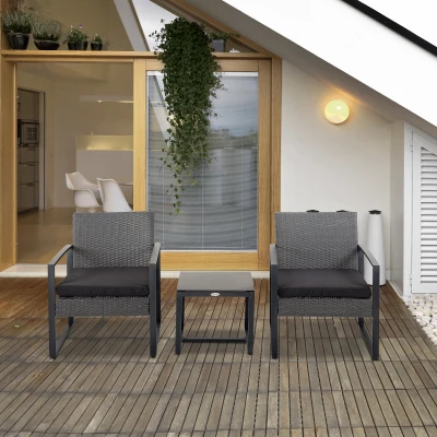 Outsunny Conjunto de Móveis de Jardim de Vime 3 Peças com 1 Mesa 42,5x40x39 cm 2 Poltronas 63x57x76 cm Cinzento e Preto