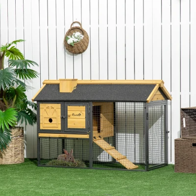 PawHut Gaiola para Coelhos de Madeira de 2 Níveis com Zona Aberta Teto Asfáltico Portas e Rampa 120x55,5x80 cm Madeira e Preto