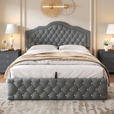 Upholstered Double Bed with Hydraulic Lift Storage, Gray