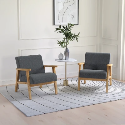 HOMCOM Set of 2 Upholstered Lounge Chairs Wooden Dark Grey