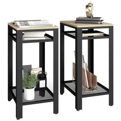 HOMCOM Side Table Set 3-Layer Storage Metal Oak Black