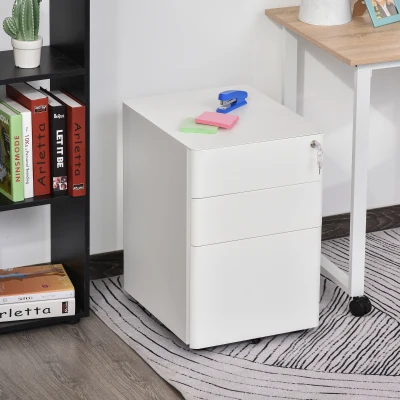 Vinsetto Rollcontainer, mobiler Aktenschrank mit 3 Schubladen, abschließbarer Büroschrank mit Hängeregistratur, Aufbewahrung, Stahl, 39 x 48 x 59 cm Weiß
