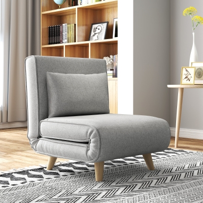 HOMCOM Poltrona 2 em 1 Sofá Cama Individual Dobrável com Encosto Ajustável e Almofada Carga 150 kg 72x78x79 cm Cinza