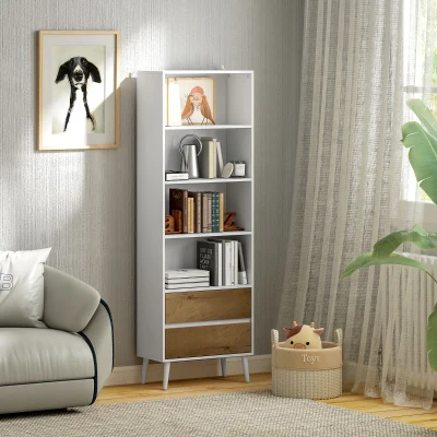 HOMCOM Estantería Bicolor con 4 Estantes Abiertos y 2 Cajones de Melamina con Patas de Pino 60x30x179cm Blanco y Madera Natural