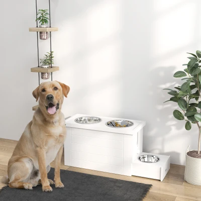 PawHut 2-in-1 Erhöhter Hundenapf Höhenverstellbar Futternapf mit Ständer 2 x 2L Edelstahlnäpfen Weiß