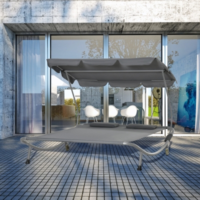 Outsunny Espreguiçadeira Dupla de Jardim com Toldo Ajustável  Rodas e 2 Almofadas para 2 Pessoas 200x175x134 cm Cinza