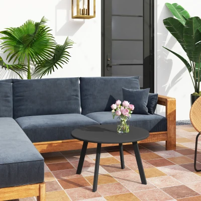 Outsunny Mesa de Centro Redonda de Metal con Patas Antideslizantes y Borde Seguro para Patio Balcón Salón Ø70x42 cm Negro