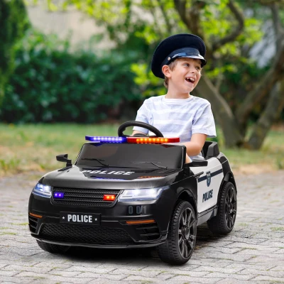AIYAPLAY Carro Elétrico de Policia para Crianças com Bateria 12V Controlo Remoto Farol Buzina Sirene e Música 112x66x50 cm Preto
