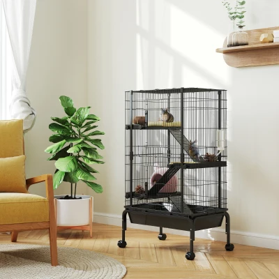 PawHut Gaiola para Animais Pequenos de 4 Níveis Gaiola para Roedores com Rodas Rampas Tigela Garrafa de Água e Bandeja Removível Recinto para Coelhos Chinchilas Furões 69x44x120 cm Preto