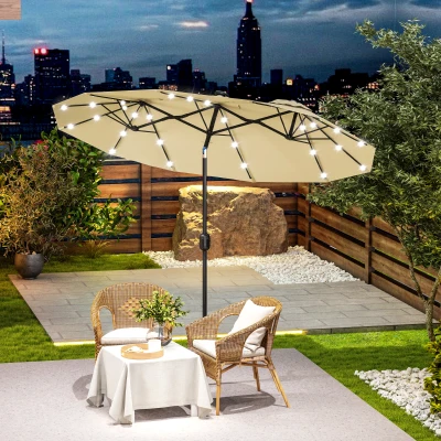 Outsunny Chapéu de Sol Duplo com Luzes LED com Inclinação de 45° Manivela Estrutura de Aço 280x146x227cm Bege