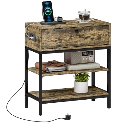 HOMCOM Mesa Auxiliar con Cajón y 2 Estantes con 2 Enchufes y 2 Puertos USB de Estilo Industrial 60x30x66,5 cm Marrón Rústico