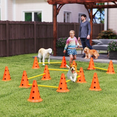 PawHut Zestaw Agility dla Psów 6-częściowy, Zestaw do Treningu z 12 Stożkami 6 Przeszkodami Torba