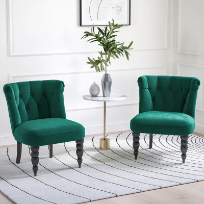 HOMCOM Velvet Wingback Accent Chair Set Dark Green