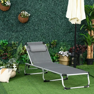 Outsunny Sonnenliege faltbar Gartenliege mit Kopfkissen Liegestuhl mit der 4-stufig verstellbaren Rückenlehne Campingliege bis 120 kg belastbar für Outdoor-Park, Garten, Grau