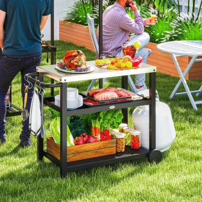Outsunny Carrito de Parrilla para Jardín o Terraza Carro de Servicio con Encimera Estantes y Ruedas para BBQ 102x50x81 cm Gris