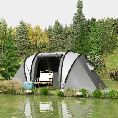 Outsunny Campingzelt für 4-5 Personen leicht wasserabweisend Familienzelt mit 3 Zimmer Seitentür Fenster Grau