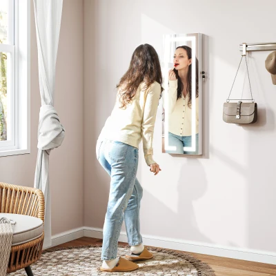 HOMCOM Espelho Joalheiro de Parede com Luzes LED e Fechadura para Pendurar na Parede ou na Porta 37x10,5x108 cm Branco