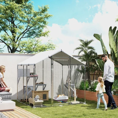 PawHut Refugio Exterior Grande para Gatos Jaula de Acero Galvanizado con Techo Impermeable para 5 Gatos 200x170x195 cm Plateado