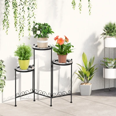 Outsunny Soporte para Plantas de Metal Mecetas Plegable Estantería para Flores con 3 Estantes y Bordes de Azulejo para Decoración Interiores y Exteriores 60x22x65 cm Negro