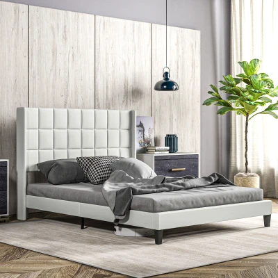 HOMCOM Cama 135x190 cm Estrutura de Cama com Cabeceira Estofada em Linho e Espaço de Armazenamento Debaixo da Cama Bege