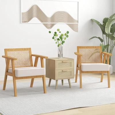 HOMCOM Sillón de Salón con Reposabrazos Respaldo de Ratán y Marco de Madera de Caucho Carga 120 kg Natural y Beige