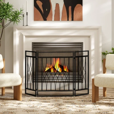 HOMCOM Pare-feu Cheminée 3 Volets Pliables Métal Noir
