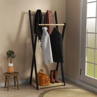 HOMCOM Portant Vêtements 2 Tringles Bois Naturel