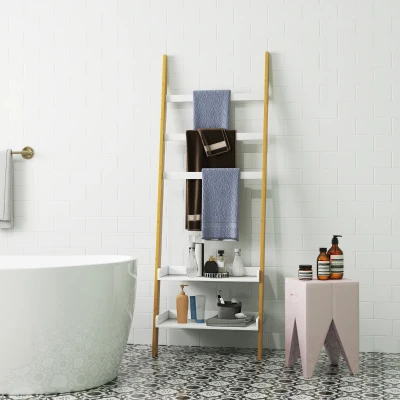 HOMCOM Étagère Échelle Blanc avec Porte-Serviettes et Rangement