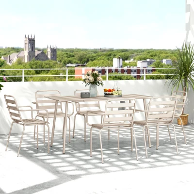 Outsunny Salon Jardin 7 Pièces Table + 6 Chaises Empilables Acier Beige