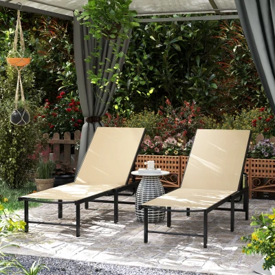 Outsunny Set of 2 Sun Loungers Adjustable Steel Khaki