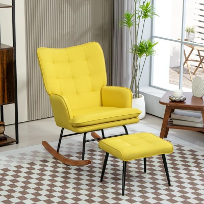 HOMCOM Poltrona Baloiço com Apoio para os Pés Poltrona Relax com Almofada Acolchoada e Anti-Tombo 64x89x90 cm Amarelo